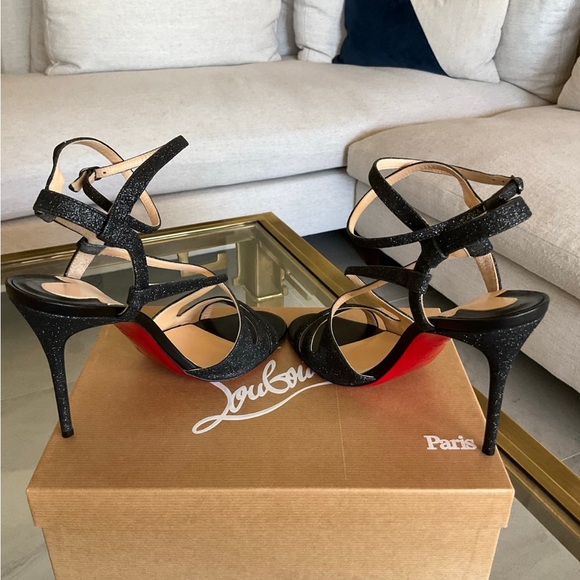 Authentic Christian Louboutin Audrey Strappy Black Glitter Sandal, size 39.5 - Picture 5 of 9